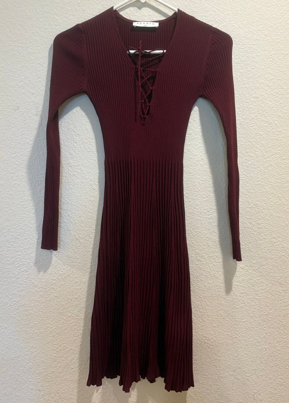 Sandro Burgundy Long Sleeve Lace Up V-Neck Mini Dress Size US 4